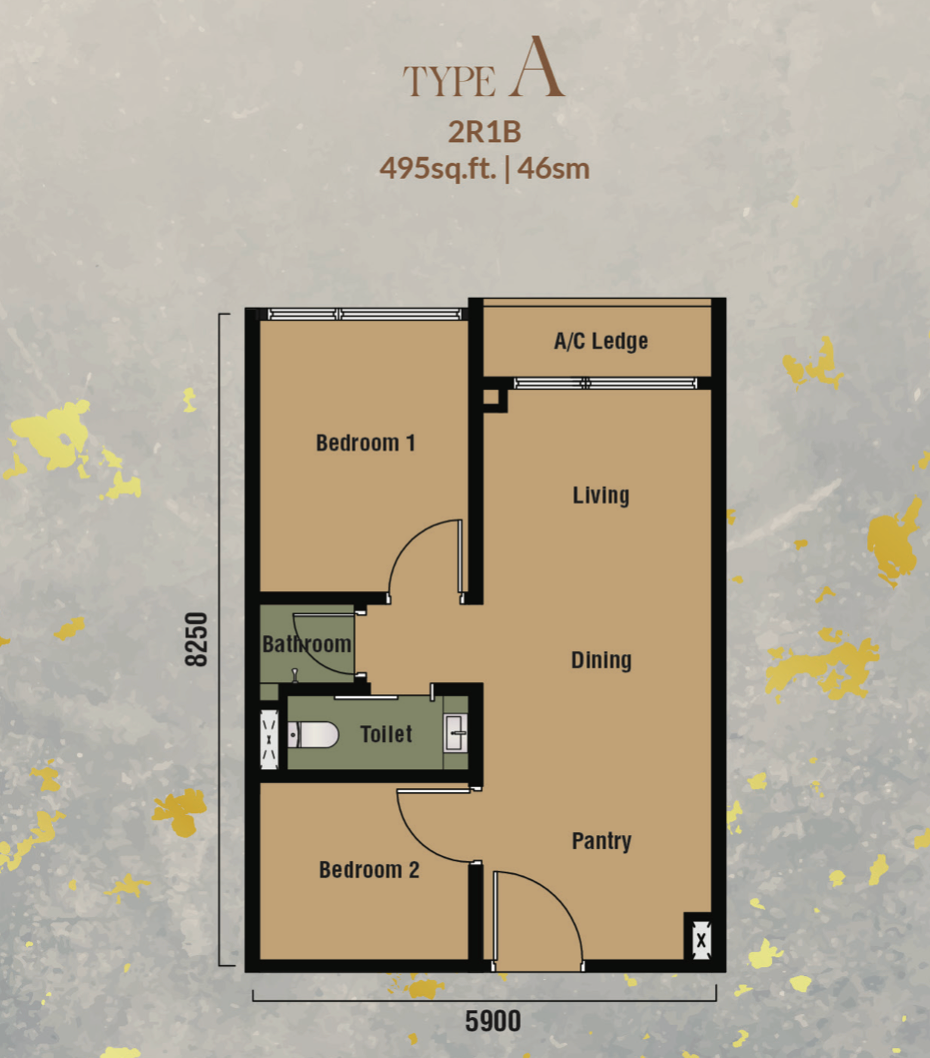 Branniganz Suites Type A1 | 495 sq.ft floor plan, Bukit Bintang